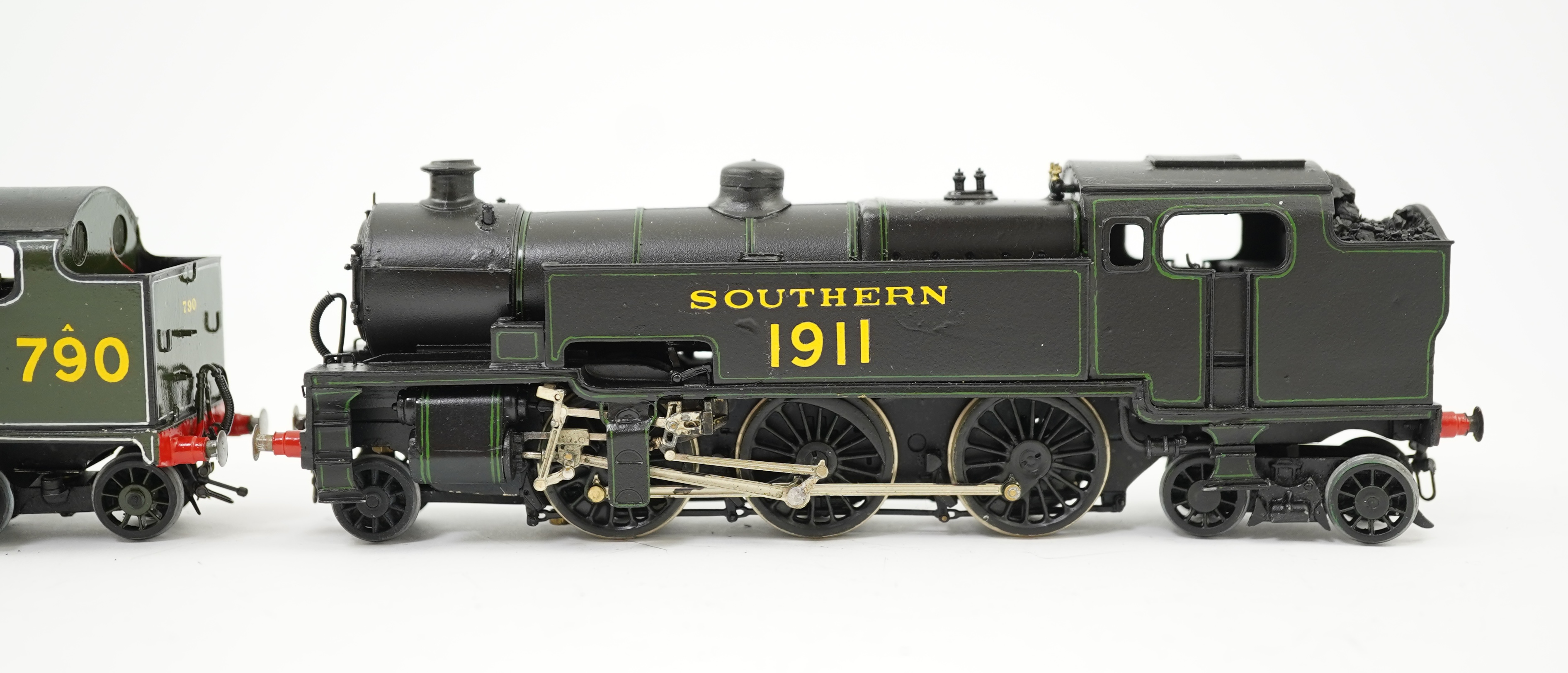 Two 00 gauge brass and white metal kit built Southern Railway Maunsell tank locomotives; a River class 2-6-4T, River Avon 790, together with a W class 2-6-4T, 1911, constructed, painted and lined to a high standard, both